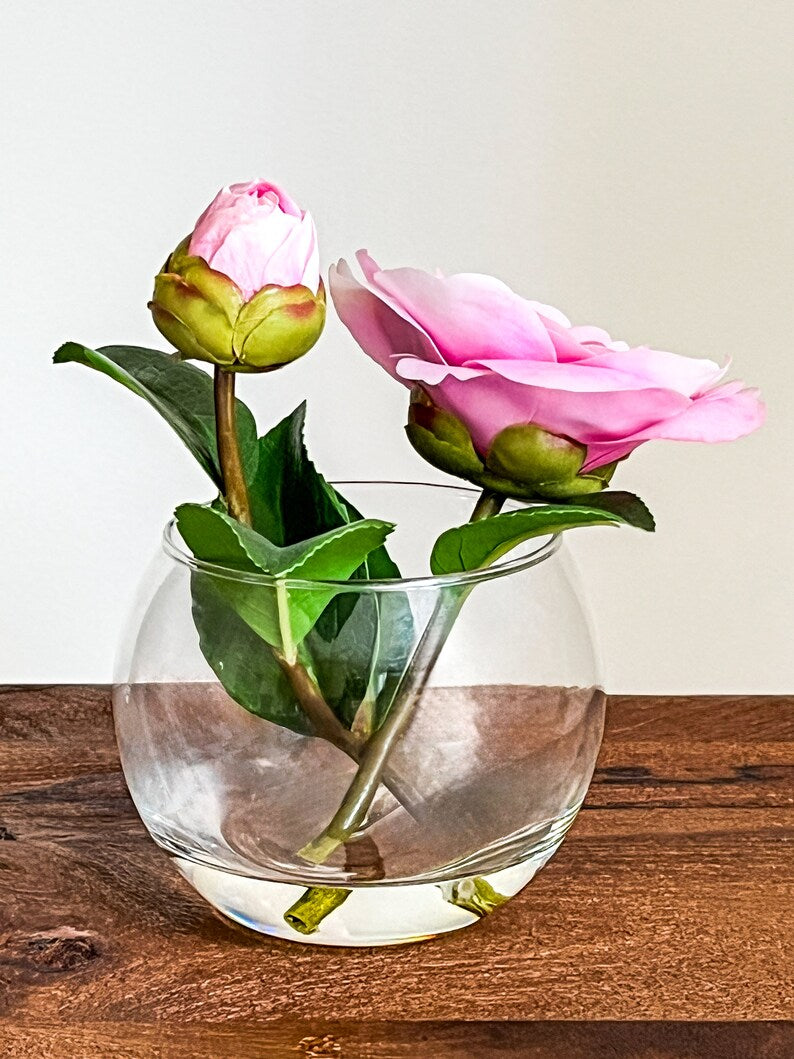 Pink Camellia Flower Popper In Glass Vase