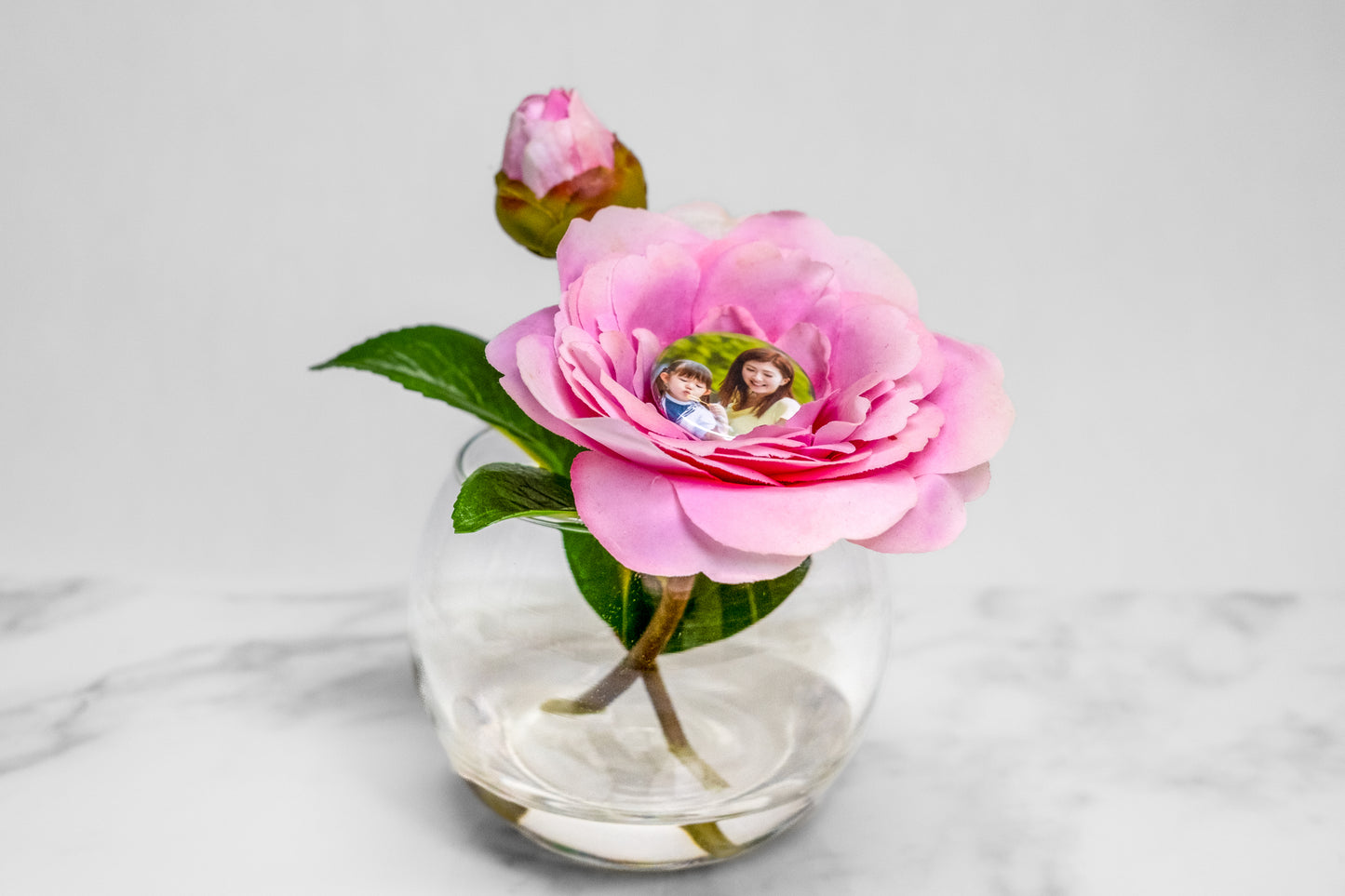 Pink Camellia Flower Popper In Glass Vase